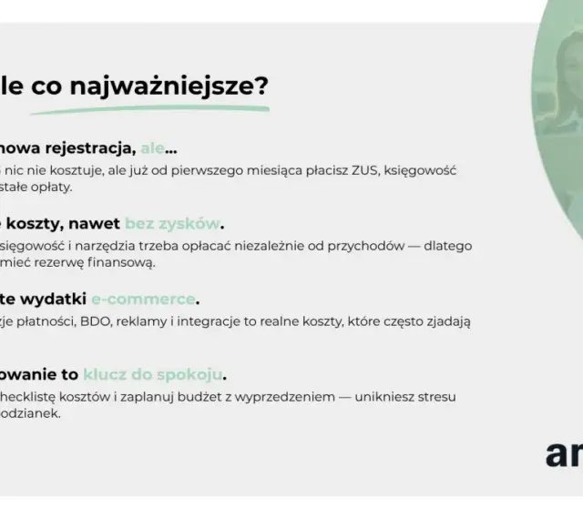 Dobra, ale co najważniejsze? ZUS, księgowość i narzędzia trzeba opłacać niezależnie od przychodów. Zaplanuj budżet, by uniknąć stresu.