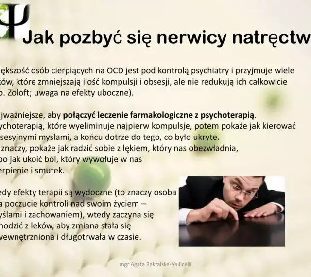 Osoba z objawami OCD, która szuka pomocy. Leczenie farmakologiczne i psychoterapia pomagają odzyskać kontrolę nad myślami i zachowaniem.