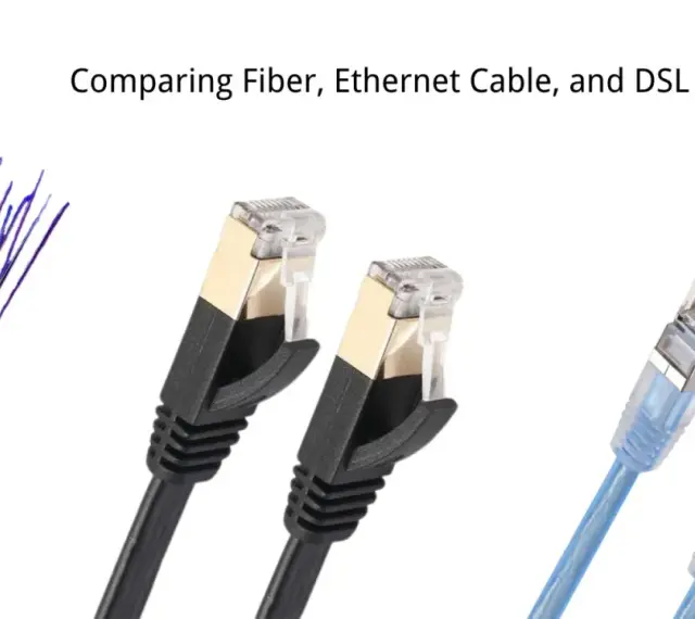 Porównanie kabli: światłowód, Ethernet i DSL. Widoczne są końcówki kabli, w tym światłowodowe i Ethernet.