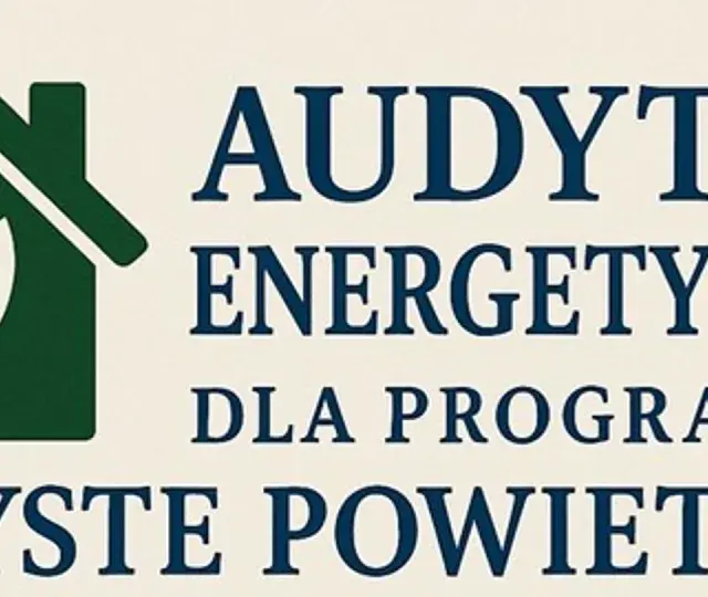 Zielony dom z liściem symbolizuje audyt energetyczny dla programu Czyste Powietrze.