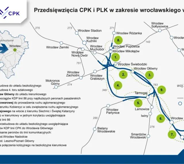 Mapa przedstawia planowane inwestycje kolejowe w rejonie Wrocławia, w tym modernizację węzła Grabiszyńskiego i budowę linii KDP.