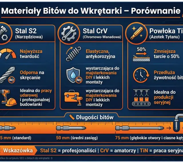 Porównanie materiałów bitów do wkrętarki: stal S2 (najwyższa twardość, odporna na skręcanie), stal CrV (elastyczna, antykorozyjna) i powłoka TiN (zmniejsza tarcie). Długości bitów: 25, 50, 75 mm.