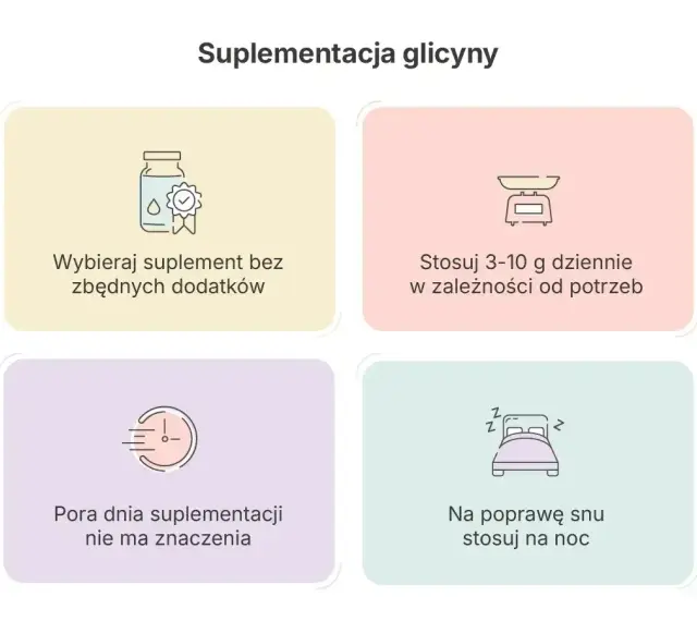 Glicyna co to? Wybieraj suplement bez dodatków, stosuj 3-10g dziennie. Pora dnia nie ma znaczenia, ale na sen najlepiej przyjmować ją na noc.