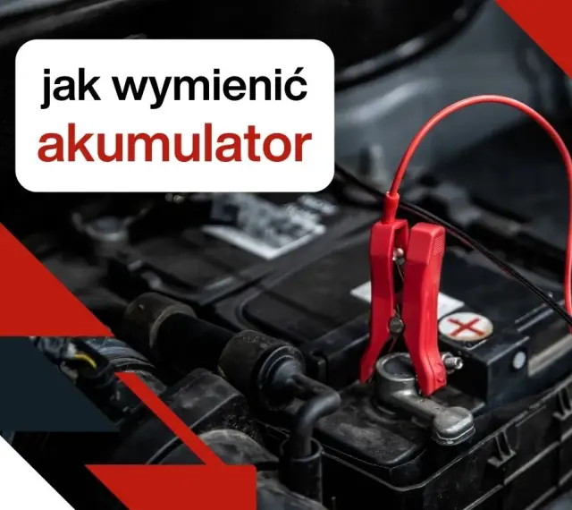 Czerwony kabel z klemą podłączony do akumulatora samochodowego. Tekst: "jak wymienić akumulator".