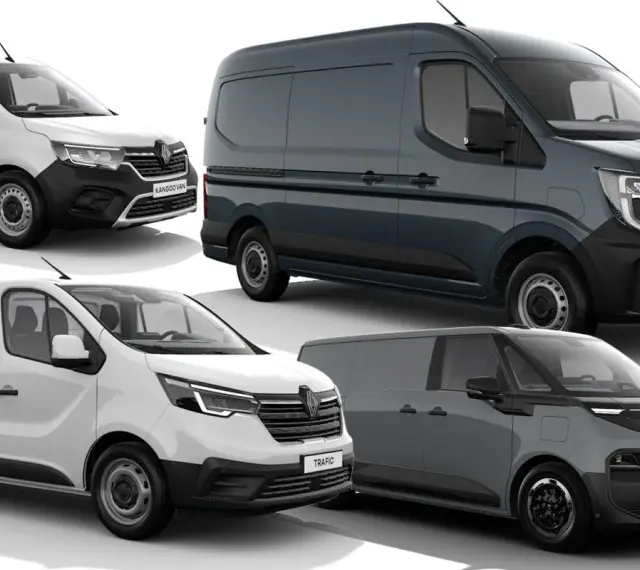 Kolekcja renault van: biały Kangoo Van, szary Master, biały Trafic i szary Trafic Van.