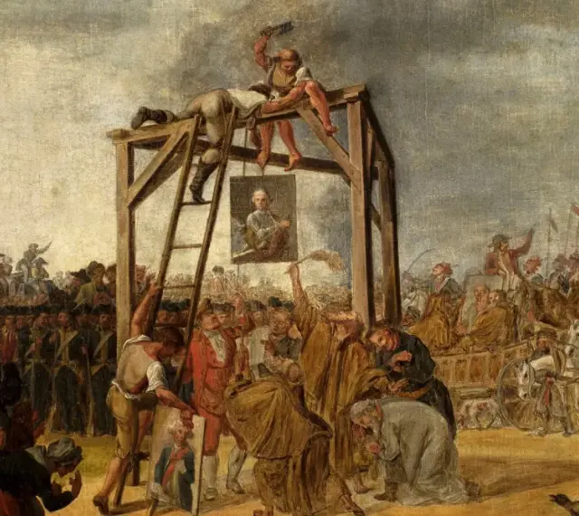 Scena z targowicy: wisielec, tłum, karoce i portret. Dramatyczne wydarzenie historyczne.