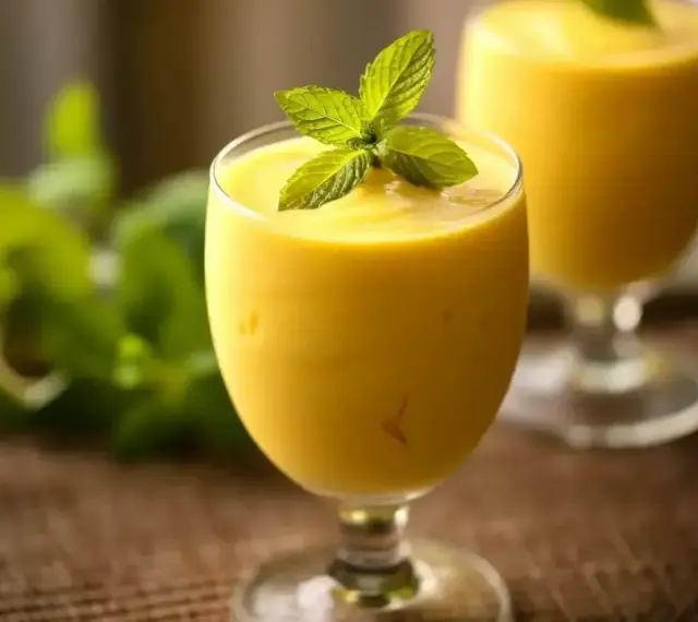 Orzeźwiający mango lassi z mlekiem kokosowym, ozdobiony listkiem mięty. Idealny na upalne dni.