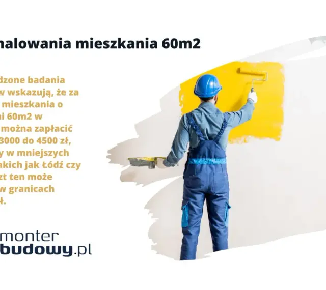 Malowanie mieszkania 60m2 w Warszawie kosztuje średnio 3000-4500 zł. W mniejszych miastach, jak Łódź czy Lublin, koszt malowania 60m2 to ok. 2500-3500 zł.