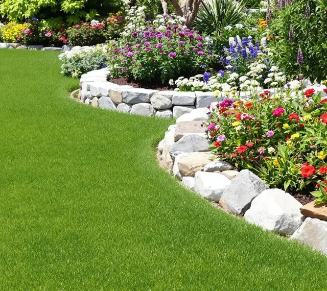 Magnifique pelouse verte bordée de fleurs colorées et d'une murette en pierres, parfaite pour faire bordure jardin.