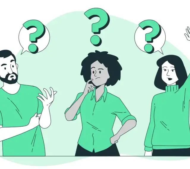 Drei Personen mit Fragezeichen über den Köpfen, die über den eigenanteil physiotherapie diskutieren.