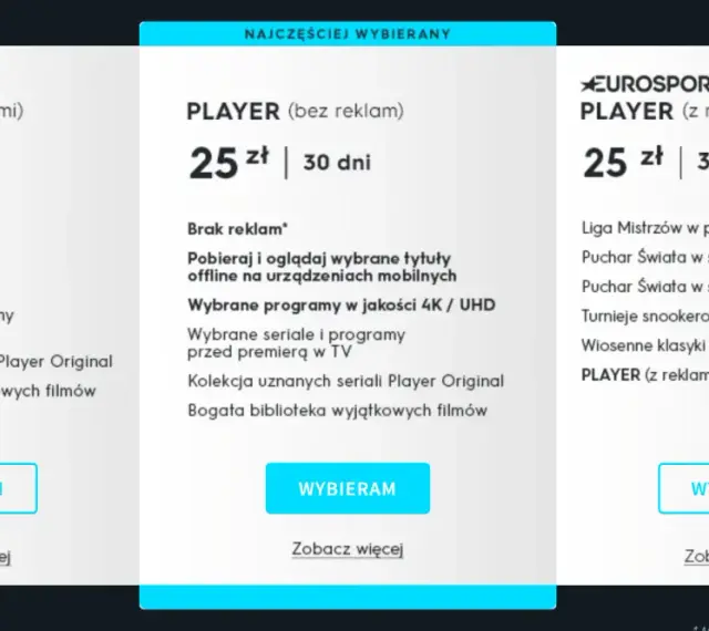 Porównanie cen pakietów Player: 15 zł z reklamami, 25 zł bez reklam i 25 zł z Eurosportem. Sprawdź, która hbo max cena jest dla Ciebie najlepsza.