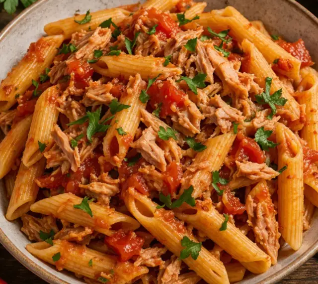 Penne z tuńczykiem i pomidorami, posypane natką pietruszki. Obok puszka tuńczyka, pomidory i czosnek.