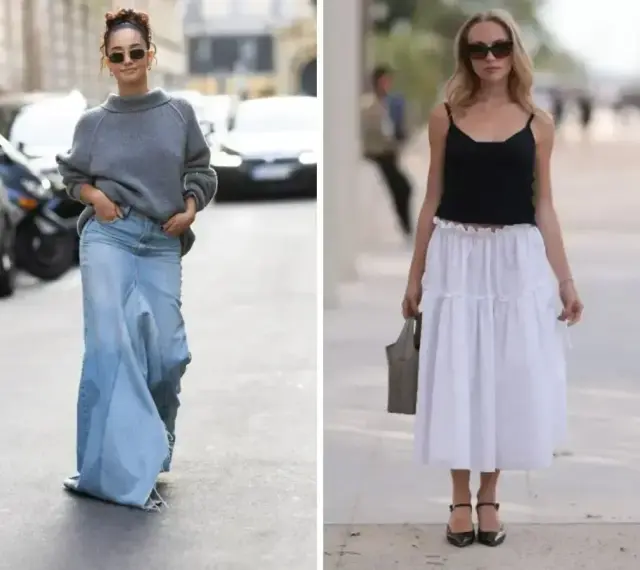 Kobiety prezentują różne stylizacje, pokazując, jakie buty do długiej spódnicy pasują. Jedna w jeansowej maxi, druga w zwiewnej białej.