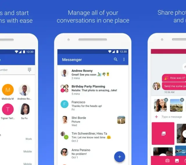 Ekran aplikacji do obsługi wiadomości Google SMS. Widok listy kontaktów, listy konwersacji i okna czatu z możliwością wysyłania zdjęć.