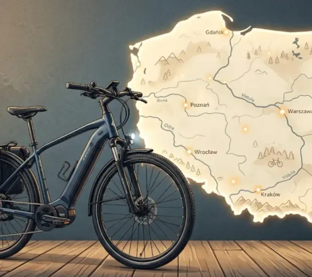 Czy rower elektryczny jest pojazdem mechanicznym? Ten rower z sakwami na tle mapy Polski sugeruje podróż po kraju.