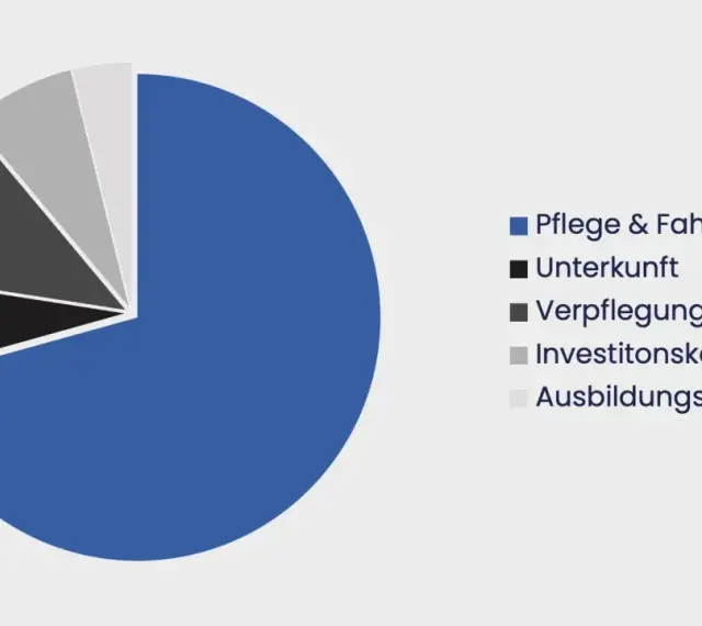 Kreisdiagramm zeigt die Aufteilung der Tagespflege Kosten: Pflege & Fahrsrvice, Unterkunft, Verpflegung, Investitionskosten, Ausbildungskosten.