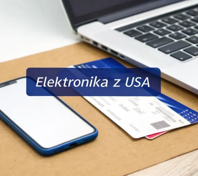 Smartfon, laptop i karty płatnicze na tle tekstu "Elektronika z USA". Zastanawiasz się, co oplaca się kupić w Stanach?