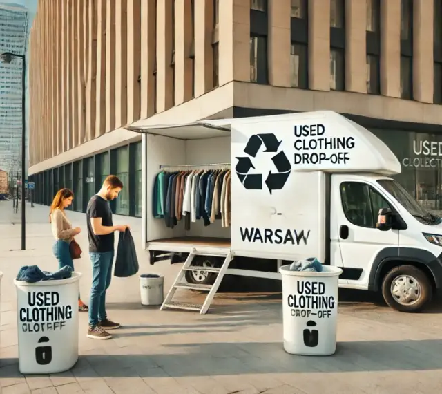 Mobilny punkt zbiórki odzieży w Warszawie. Gdzie oddać ubrania dla bezdomnych? Tutaj! Wóz z wieszakami i pojemniki na odzież czekają.