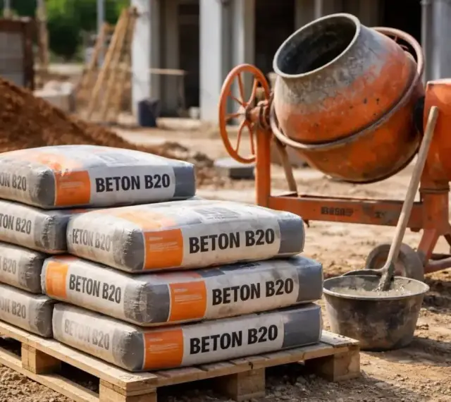Stos worków z betonem B20 na palecie, obok betoniarki i wiadra z zaprawą.
