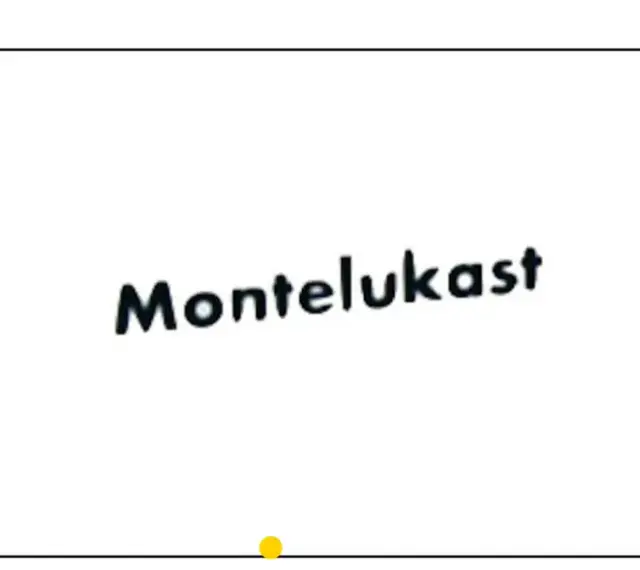 Napis "Montelukast" na białym tle. Mały żółty punkcik pod napisem.
