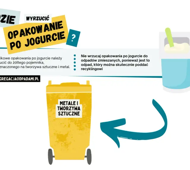 Plastikowe opakowanie po jogurcie wyrzuć do żółtego pojemnika na metale i tworzywa sztuczne. Recyklinguj!
