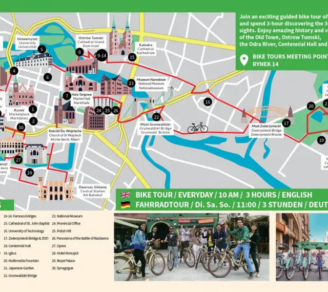 Mapa rowerowa Wrocławia z zaznaczonymi atrakcjami, w tym Rynkiem, Ostrowem Tumskim i Mostem Zwierzynieckim. Idealna do odkrywania wrocławskich atrakcji.