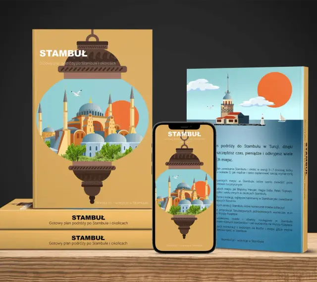 Ilustracja z latarnią, meczetami i Wieżą Nami w Stambule, na tle książki i telefonu.