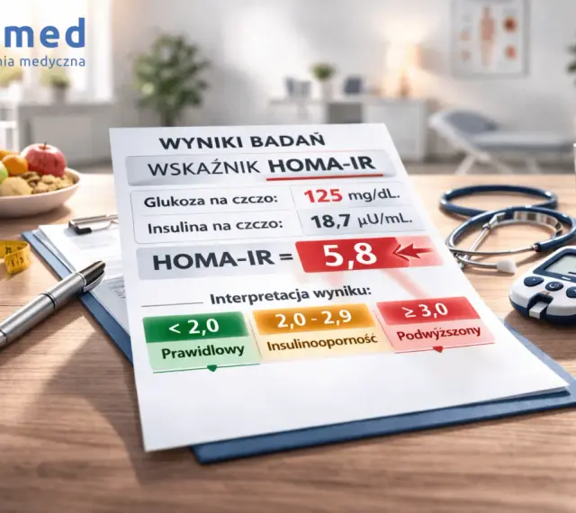 Wyniki badań HOMA-IR wskazują na podwyższony poziom insuliny na czczo, co może świadczyć o insulinooporności.