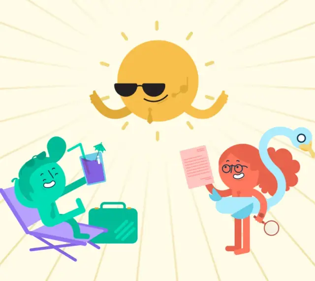 Sonnige **Herbstferien 2026 Niedersachsen**! Ein grüner Charakter entspannt, ein anderer liest, während die Sonne mit Sonnenbrille grüßt.