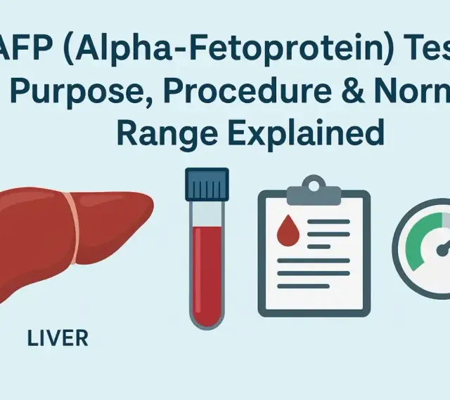 Badanie AFP (Alfa-fetoproteina) to test oceniający wątrobę. Grafika pokazuje wątrobę, probówkę z krwią i wyniki.