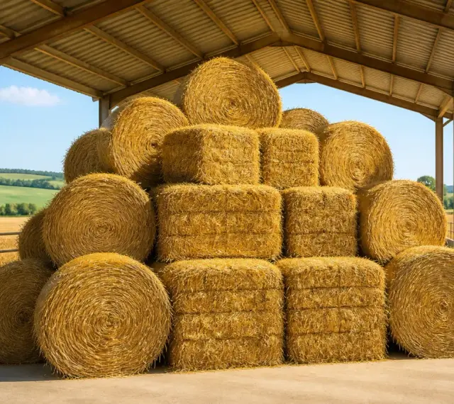 Gros tas de bottes de foin rondes et carrées sous un hangar. Le prix du foin est une préoccupation pour les agriculteurs.