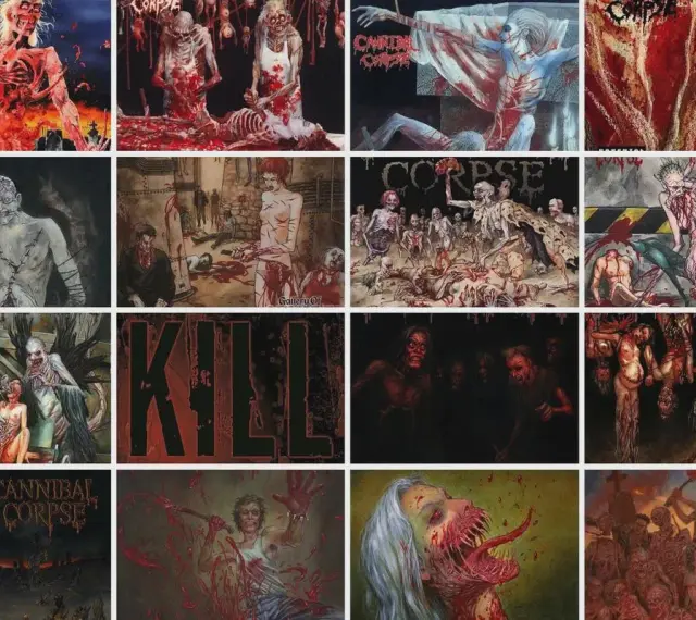 Collage d'illustrations gores de Cannibal Corpse, montrant des scènes macabres et sanglantes, des cadavres démembrés et des créatures monstrueuses.