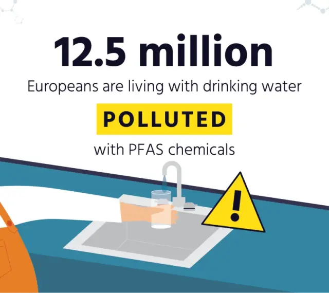 12,5 mln Europejczyków pije wodę zanieczyszczoną chemikaliami PFAS. Znak ostrzegawczy przy kranie symbolizuje zagrożenie.