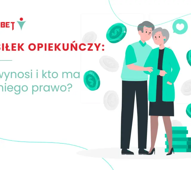 Para starszych osób, monety i tekst "ZASIŁEK OPIEKUŃCZY: ile wynosi i kto ma do niego prawo?".