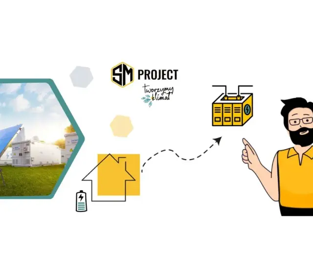 SM Project: podłączenie fotowoltaiki do domu. Ilustracja pokazuje panele słoneczne, magazyn energii i mężczyznę wskazującego na schemat.