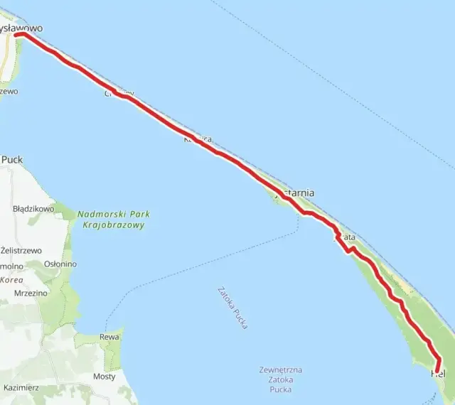 Trasa Velo Baltica od Władysławowa przez Półwysep Helski do Helu, wzdłuż wybrzeża Bałtyku.