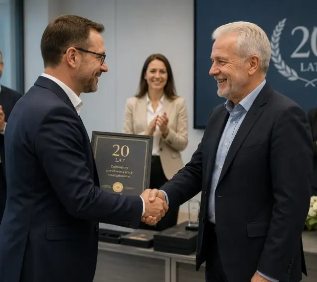 Wręczenie nagrody jubileuszowej pracownikowi samorządowemu za 20 lat pracy. Uroczystość z udziałem współpracowników.