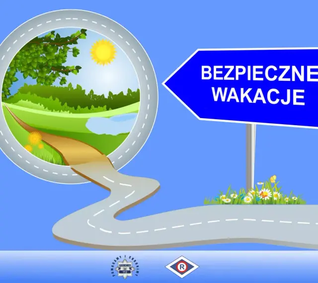Droga prowadząca do zielonego krajobrazu pod znakiem "Bezpieczne wakacje".