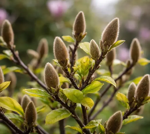 Puszyste pąki magnolii zapowiadają wiosenne kwitnienie. W tle delikatne różowe kwiaty.