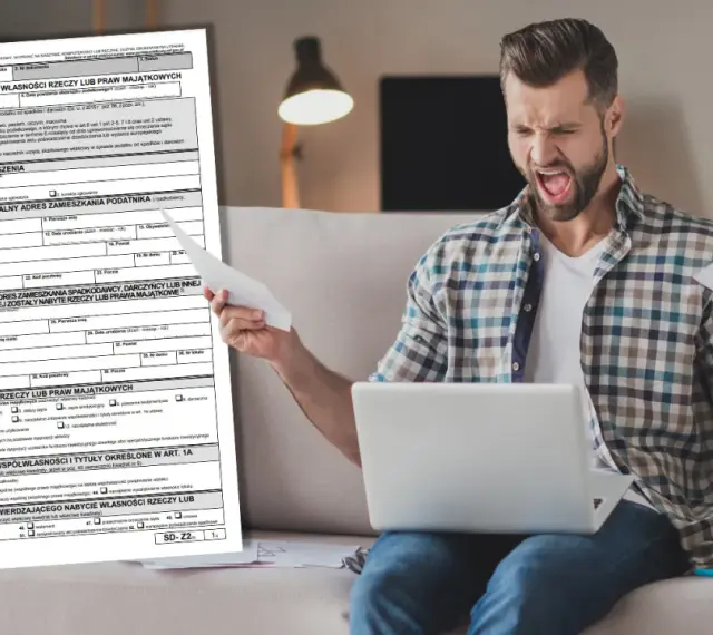 Zirytowany mężczyzna z dokumentami i laptopem. Formularz SD-Z2 dotyczy spadku po rodzicach.