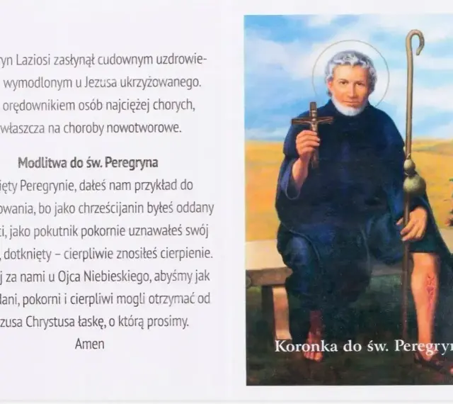 Święty Peregryn z laską i krzyżem, siedzący na ławce.
