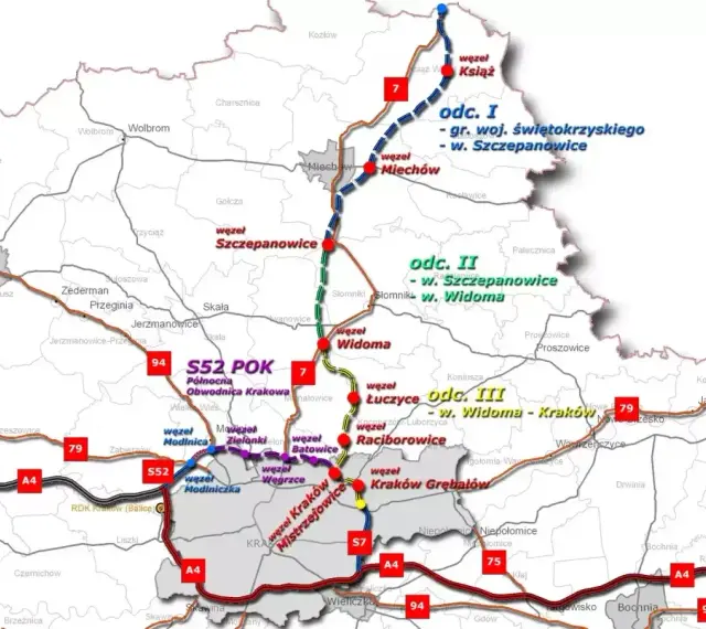Mapa przedstawia przebieg drogi ekspresowej S7 i S52, z zaznaczonymi odcinkami, węzłami i miejscowościami.