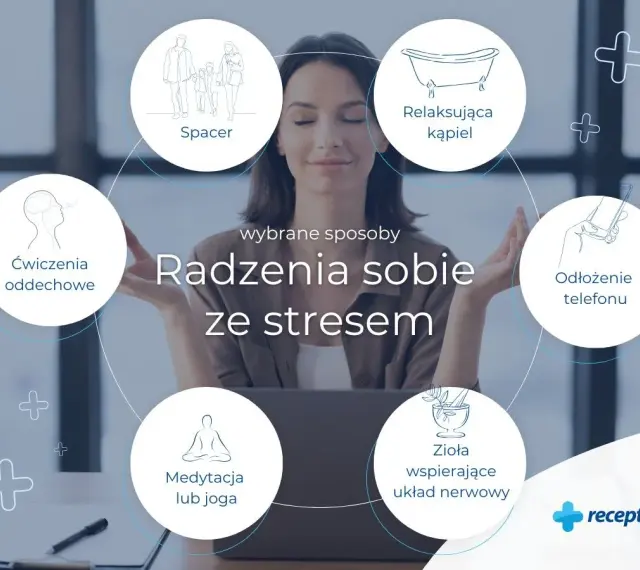 Kobieta medytuje, a wokół niej krąg z ikonami: spacer, relaksująca kąpiel, odłożenie telefonu, zioła, medytacja/joga, ćwiczenia oddechowe. To sposoby na radzenie sobie ze stresem.