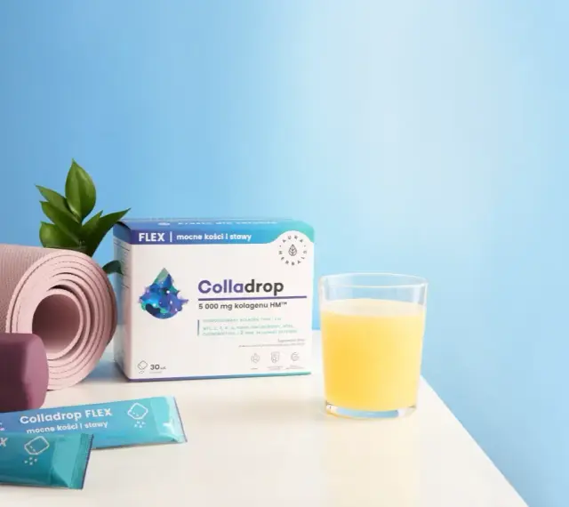 Aktywny senior z Colladrop FLEX: mata do ćwiczeń, hantle, napój i suplementy dla mocnych kości i stawów.