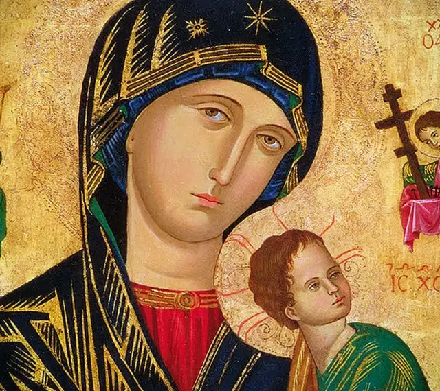 Ikona Matki Bożej z Dzieciątkiem, otoczona aniołami. Wzrok Maryi kieruje się ku górze, jakby w modlitwie porannej do Maryi.