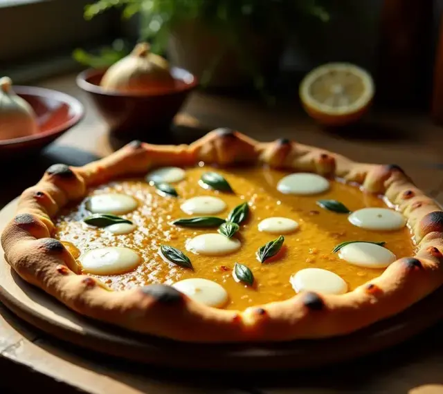 Apetyczna pizza bianca z pomarańczowym sosem, białymi kropkami sera i listkami bazylii, na drewnianym blacie.