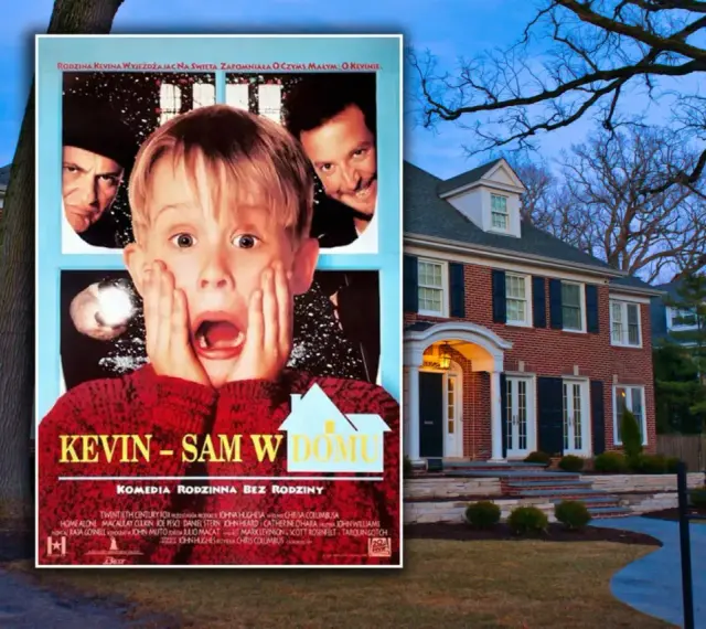 Plakat "Kevin - Sam w domu" obok domu, gdzie obejrzeć ten świąteczny hit.
