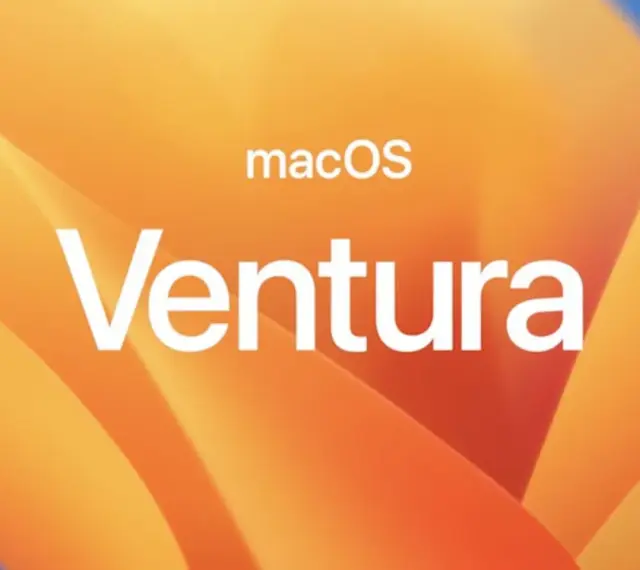 Logo macOS Ventura na pomarańczowym tle z falistymi kształtami.