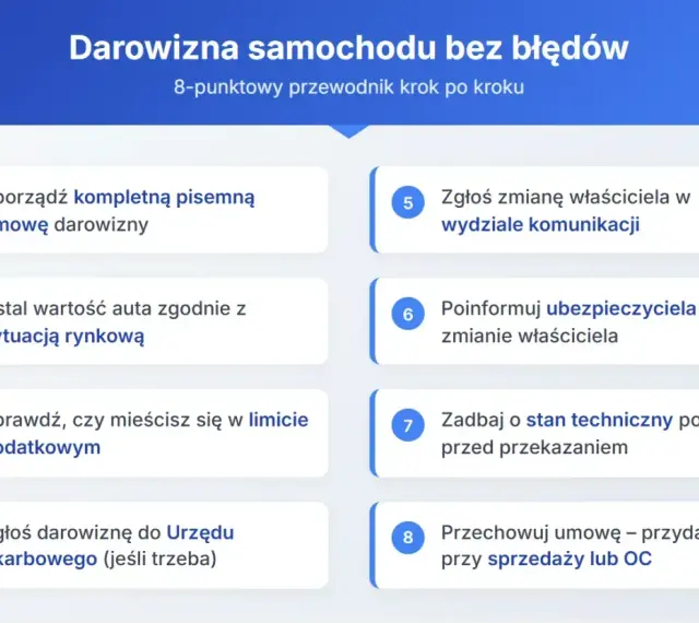 Przewodnik po darowiźnie samochodu krok po kroku. Warto pamiętać o umowie, wartości auta, podatkach i zgłoszeniu. To ułatwi darowiznę od rodziców.