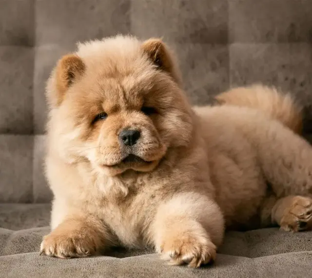 Urocza chow chow miniaturka leży na kanapie, wyglądając jak pluszowa zabawka.